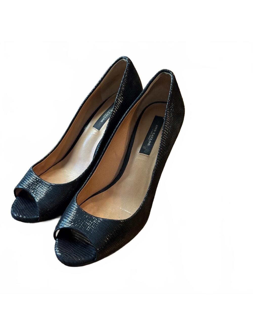 Ann Taylor Black Peep Toe Heels Textured 3 inch Leather Women's 6.5 Formal